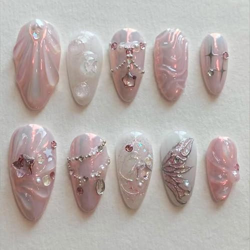GlamRays 24 Stück Schmetterling mit Stern-Kristall-Design, Glitzer, Vollüberzug, künstliche Klebe-Nägel, Frühlings- und Sommernägel, süße Stick-On-Nägel für Frauen, DIY