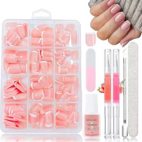 240 Stück Falsche Nägel Zum Aufkleben, Square Französisch Kurze Künstliche Fingernägel - Nagel Tips Set mit 2 Pcs Nagelöl Stift - Fingernägel Fake Nails mit Kleber für Frauen (Short Suqare French)