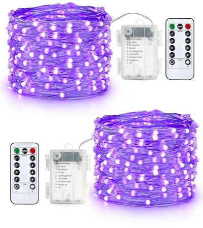 Qedertek Lichterkette Außen Batterie - 2 Stück 100 LED Silberdraht Micro Lichterkette Wasserdicht 10M Lichterkette Weihnachtsbaum Lila mit Fernbedienung für Außen Innen Garten Hochzeit Balkon