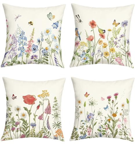Joymaison Kissenbezüge 45x45 4er Set Sommer Aquarell Blumen Schmetterling | Deko Kissenhülle Frühling Wildblumen Blätter Bauernhaus Kunst Dekorative Kissenbezug Kissen für Couch Sofa