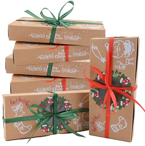 Satiskid 12 Weihnachten Keksschachtel mit Sichtfenster und Band, Weihnachten Treat-Boxen Geschenk Box Bäckerei-Boxen Kekse Verpackung für Gebäck, Cupcakes, Brownies, Geschenke, Donut und Cookie