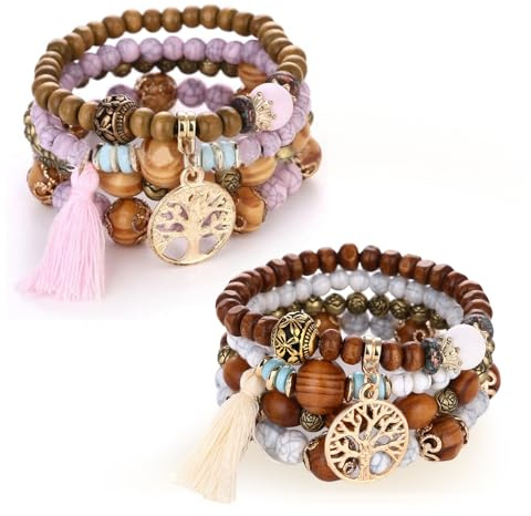 Sikweny 2 Stück Boho Armband Damen Sommer Armband Damen Armbänder Holzperlen Quaste Natürliches Kristall Heilsteine Liebe Statement-Armreifen Chakra für Frauen für Festival Outfit