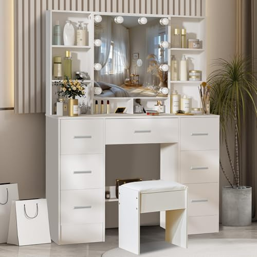Schminktisch Set mit Spiegel, Beleuchtung & Hocker, Weiß 100x40x140 cm | Kosmetiktisch mit 3 Lichtfarben dimmbar, 7 Schubladen + 8 Fächer, moderner Frisiertisch für Schlafzimmer