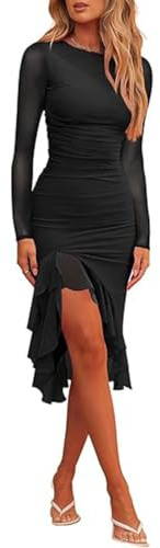 Hanaoops Women's Wedding Guest Dress Sexy Long Sleeve Round Neck Bodycon Midi Dresses Solid Color Backless Elegant Flutter Ruffle Dress for Cocktail Black