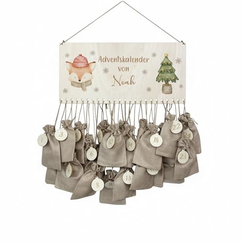 Personalisierbarer Adventskalender Fuchs & Tannenbaum 2025 – DIY-Weihnachtskalender aus Holz mit 24 Geschenktüten & Zahlen – Adventskalender für Kinder – mit Namen personalisiert