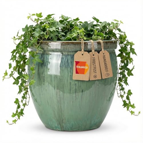 Pflanzgefäß Steinzeug 100% Frostfest | Keramik Blumentopf Außen & Innen (Verschiedene Größen) | Massiver Pflanzkübel mit Drainage-Loch | Premium, stilvoll (Grün, 47cm x 38cm)