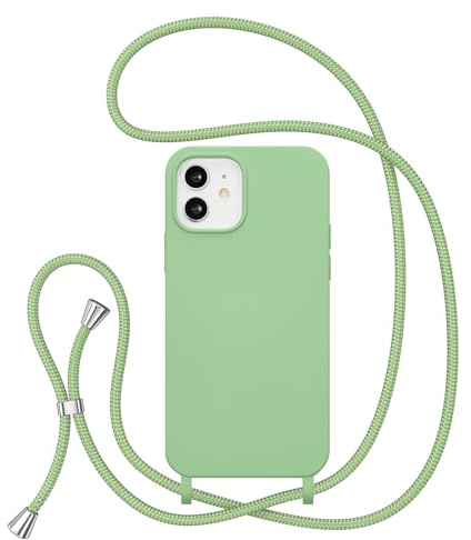 ZTOFERA Crossbody Lanyard Case for iPhone 12/12 Pro (6.1), Liquid Silicone Protective Phone Case with Strap Adjustable Neck Cord Necklace Soft Cover, Green