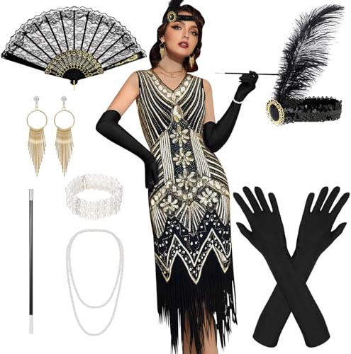 20er Jahre Kostüm Damen, 20er Jahre Kleider mit 20er Jahre Accessoires, V-Ausschnitt Pailletten Perlen Fransen Kleid, Karneval Kostüm mit Fächer, für Karneval, Partys, Tänze, M (Schwarz Gold)