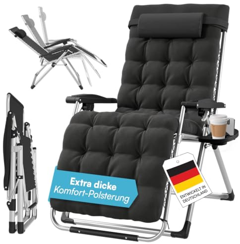 STEELSØN Lysira Zero Gravity Gartenliege, Polster Schwarz, Gestell Silber | Klappbare Sonnenliege, Liegestuhl, Outdoor Relaxliege wetterfest, Campingliege mit Polsterauflage, Getränkehalter, bis 200 kg