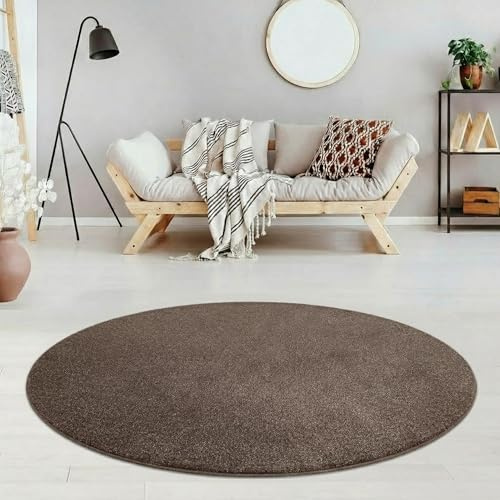 Jimri Moderner Teppich Wohnzimmer – Weich, Strapazierfähig & Pflegeleicht – Einfarbig Braun-Taupe, Rund & Rechteckig – Hochwertige Verarbeitung – Oeko-TEX Zertifiziert – Braun-Taupe, Rund 200 cm