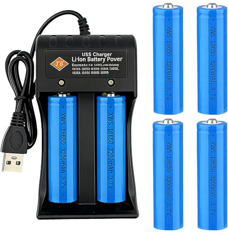 XPJBKC 18650 Ladegerät mit 4 Pack 3,7V 3200mah Akkus Wiederaufladbarer Spitzer Spitze, USB 2 Schacht Batterieladegerät 18650 Akku Li-ion für Taschenlampe, Kleinen Lüfter und Stirnlampe