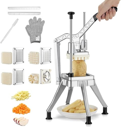 FOHRER Commercial Vegetable Chopper with 4 Interchangeable Blades, Heavy Duty Potato Chipper French Fry Cutter, Manual Food Dicer Slicer for Onion Tomato Fruit, Silver