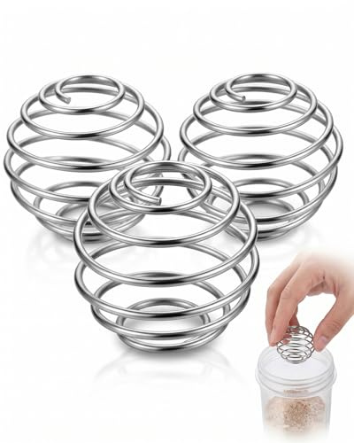 AEUXZA Set de 3 Bolas de Mezcla Pequeñas de Acero Inoxidable 304 – Diseño Esférico Redondo (Ø 25mm), Bola Batidora para Shaker de Proteínas, Muelle Antióxido, Plata