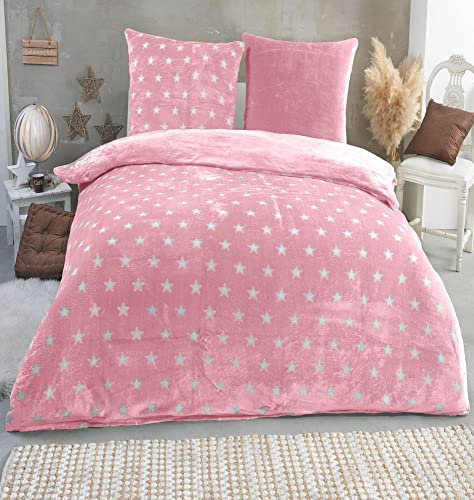 MALIKA Warme Winter Plüsch Sterne Wende-Bettwäsche Nicky-Teddy 'Cashmere Touch' Coral Fleece viele Farben & Größen, Farbe:Rosa, Größe:200 x 200 cm