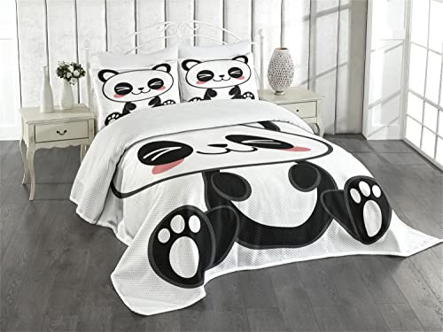 ABAKUHAUS Anime Tagesdecke Set, Japanische Manga-Grafik, Set mit Kissenbezügen Kein verblassen, für Doppelbetten 220 x 220 cm, Schwarz-weiß-grau
