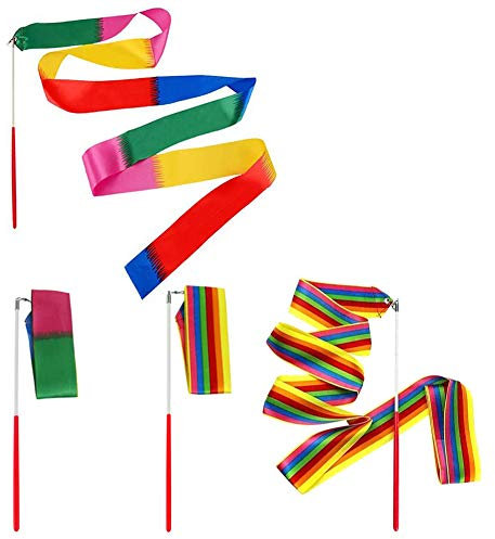 INTVN Rhythmische Sportgymnastik Band, 2 Stücke 2 Meter Regenbogen Gymnastikband tanzband mit Stab für Kinder, Rhythmikband Wirbelband Schwungband Turnband mit Stab