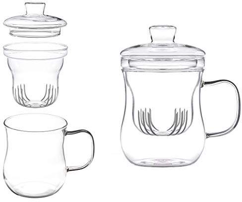 Teetasse mit Glas-Filter und Deckel. Handgefertigtes Teeglas für losen Tee oder Beutel. Mit 400ml Füllvolumen und elegant geschwungener Form.