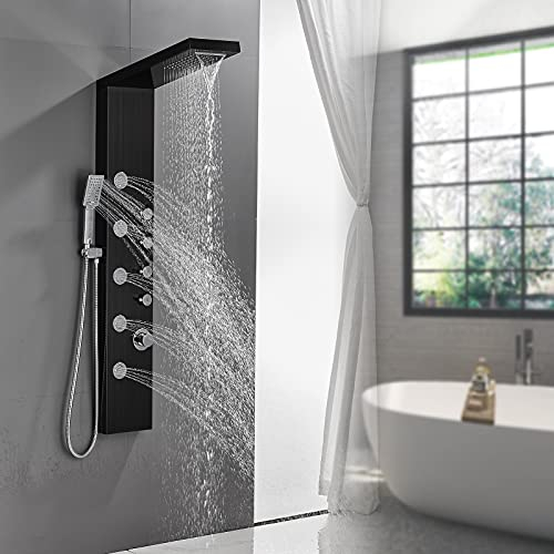 ROVATE Système de panneau de tour de douche cascade en acier inoxydable 304 avec 5 jets de massage corporel et 3 ensembles de douche à main, colonne de douche murale Noir