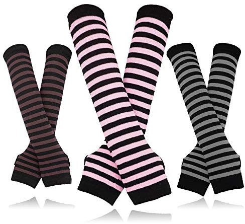 Bellady 3 Paar gestreifte Armstulpen, fingerlose Handschuhe für Damen, Kaffee, Einheitsgröße