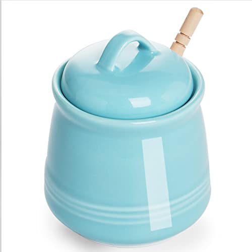 HAOTOP Honigtopf aus Keramik mit Deckel und Honigstäbchen, Porzellan-Honigglas, leicht zu reinigen und spülmaschinenfest, 340 ml (blau)