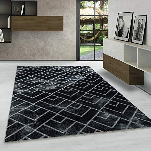 Carpetsale24 Modern Designer Teppich, Kurzflor Rauten - Marmor Optik, Rechteckig, Schwarz und Silberfarbe Teppich, Pflegeleicht, Wohnzimmerteppich, Größe:80 x 250 cm