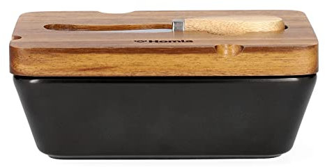 HOMLA Mooka Butterdose mit einem Rasiermesser und dem Porzellandeckel Akazien schwarz 16x11 cm