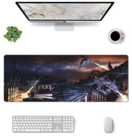 Tapis de souris XL Dragon - Pour gamer - Vitesse étendue - Bleu - Cool - Avec bords cousus - Base en caoutchouc naturel - Pour bureau, maison, ordinateur portable, voyage - 80 x 29 cm