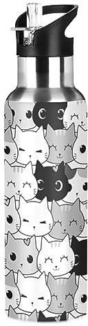 Seamless Black White Grey Doodle Cat Kitten Heads Animal Pets Texture Stainless Steel Water Bottle, Leak-Proof Vacuum Hot Cold Insulated Travel Mug, Double Walled with Handle Cup Bottle 20 Oz