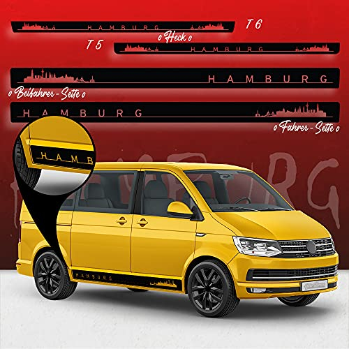 Auto-Dress Seitenstreifen Aufkleber Set/Dekor passend für VW T4, T5 & T6 Bus - Motiv: Skyline Stadt Hamburg Original (192 Charcoal, Langer Radstand)