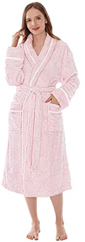 PAVILIA Peignoir long en polaire pelucheuse pour femme, peignoir long texturé doux, rose, taille S/M, rose, S-M