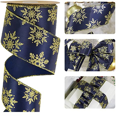 HUIHUANG Glitter Snowflake Ribbon Snowflakes Satin Wired Ribbon 2-1/2 inch for Christmas Wreath, Tree Decoration, Bows, Garland, Gift Wrapping, DIY Crafts-10 Yards (Navy Blue & Gold)