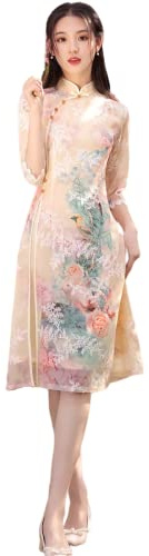 Damen-Sommerkleid, besticktes Ao Dai Cheongsam-Kleid, chinesischer Stil, Qipao, Hanfu Tang-Anzug, champagnergold, 4X-Groß