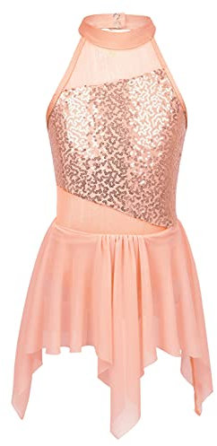 iEFiEL Kinder Mädchen Eiskunstlauf Kleid Ärmellose Tanzkleid Glitzer Tanzbody mit Strass Ballettkleid mit Tütü Rock aus Chiffon Orange A 134-140