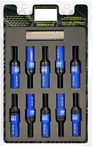 OMP SPEED Set 20 Schwarze Radschrauben mit M14X1.25 Metrisch 17-19 Lang Gewinde 28MM mit Blau Aluminium Protektor 7075 + DIN 12.9