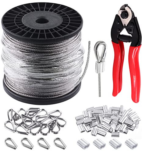 Glarks 72Pcs 1/8 300ft Stainless Steel Wire Cable Assortment Kit, Wire Rope Aircraft Cable with Cutter, 20Pcs M3 Wire Rope Thimbles 50Pcs Aluminum Crimping Loop Sleeve Set for DIY Deck, Rail, Stair