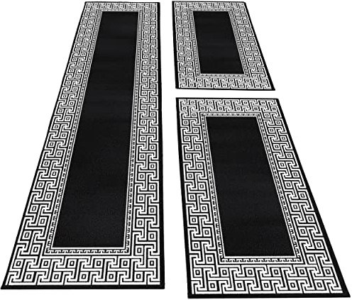 Kurzflor Läufer Set 3 Teilig Bordüre Muster Motiv Soft & Weich Bettumrandung Schlafzimmer Flur Kinderzimmer Teppich Farbe Schwarz Grau, Farbe:Schwarz, Bettset:2 mal 80x150 cm + 1 mal 80x300 cm