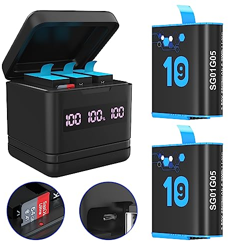Akkuladegerät für GoPro Hero 12/11/10/9, 2er-Pack 2000 mAh Ersatzakkus und 3-Kanal-Akkuladestation, kompatibel mit Hero 12/11/10/ Hero 9 Black Official