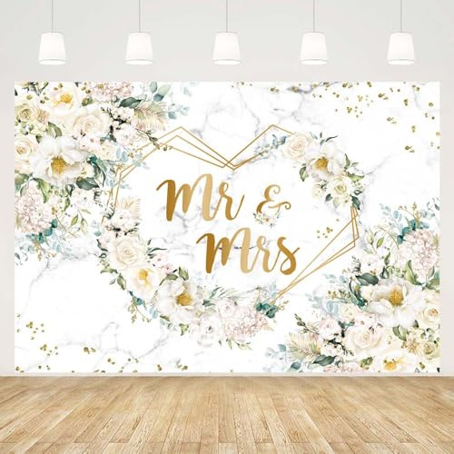 MEHOFOND 7x5ft White Flower Mr & Mrs Party Backdrop for Bridal Shower Engagement Ceremony Couples Wedding Anniversary Decorations Portrait Photography Background Supplies Banner Photo Studio Props