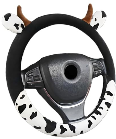 SIQITECHNO Universal Lenkradbezug, 38,1 cm, niedlich, flauschig, Kuhhhorn, rutschfest, dehnbar, Kuh-Druck, kreisförmig, für Auto, SUV, Limousine, Vans, LKW, Herren und Damen