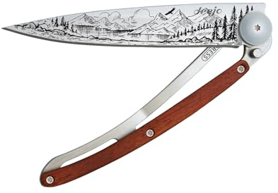 deejo – Klappbares Taschenmesser 37 g mit Gürtelclip – Griff aus Korallenholz, Klinge aus Edelstahl Z40C13 – Motiv Berg – Tischmesser, Wandern, Camping, Biwak