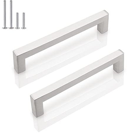 Probrico Square Kitchen Door Handles, Stainless Steel Cupboard Handles 128mm Hole Centers, Brushed Nickel Cabinet Handles, 5 Pack