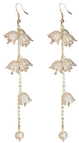 Bell Orchid Flower Drop Dangle Earrings Dainty Lily of the Valley Crystal Threader Tassel Earrings for Women Girls, No Gemstone