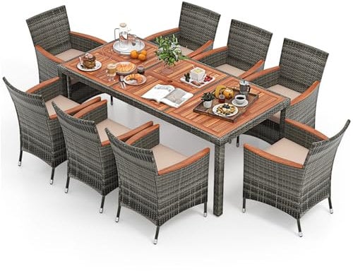 COSTWAY Conjunto Jardin Exterior 9 Piezas, Muebles Jardin Exterior de Acacia y Ratán PE, Mesa Rectangular y 8 Sillas Jardin con Cojines Extraíbles, Patio, Jardín y Piscina (café)