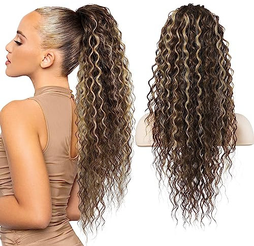 FLUFYMOOZ Ponytail Extension Pferdeschwanz Verlängerung, 66 cm Pferdeschwanz Haarverlängerung im Bohemian-Stil mit Kordelzug für Frauen, Pferdeschwanz(66 cm Dunkelbraun mit Schmutzblond)