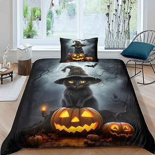 AYSUM Jack O'Lantern bettwäsche Mit Kissenbezug, Halloween Pumpkin bettwäsche 135x200cm, Katze mit Zauberhüte Kürbislaterne Bettbezug, Halloween-Kürbis Duvet Single