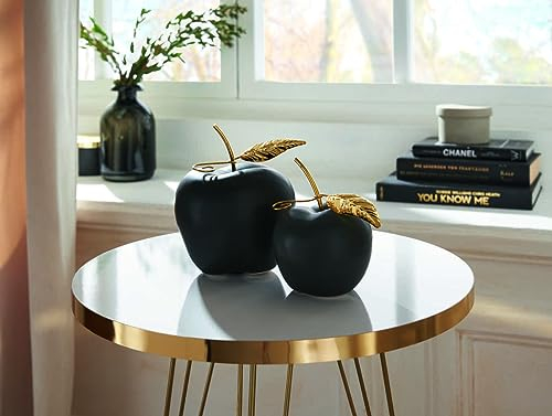 Apfel Black aus Porzellan, matt schwarz + Gold, 11 + 14 cm hoch, Dekofigur, Tischdeko, Dekoobst