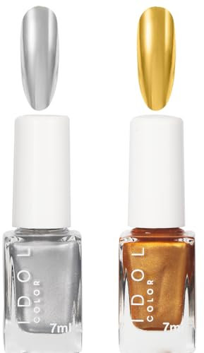 Metal Nail Polish - Mirror Nail Varnish Set - Silver Nail Polish and Gold Nail Varnish - Quick Drying Metallic Effect Nail Art Polish - Metallic Effect Nail Art Polish Non-Peelable - No UV Needed