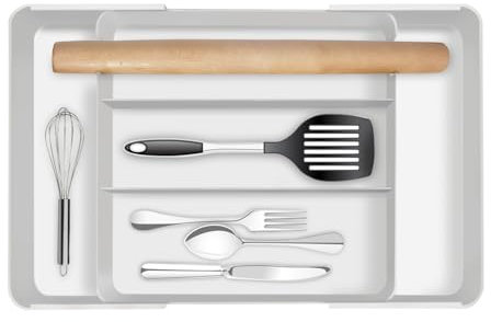 HOUSINN Besteckkasten für Schublade, Verstellbarer Besteckeinsatz Besteck Organizer bis zu 3-5 Fächer, 41 x 27 x 4,4 cm, Utensilienhalter aus Kunststoff für Küche, Büro, Make-up, Weiß