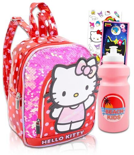 Hello Kitty Mini-Rucksack-Set Paket mit 25,4 cm Hello Kitty Rucksack mit Pailletten plus Wasserflasche, Aufklebern, mehr | Hello Kitty Rucksack f r M dchen, Hello Kitty Rucksack-Geldb rse, Hello