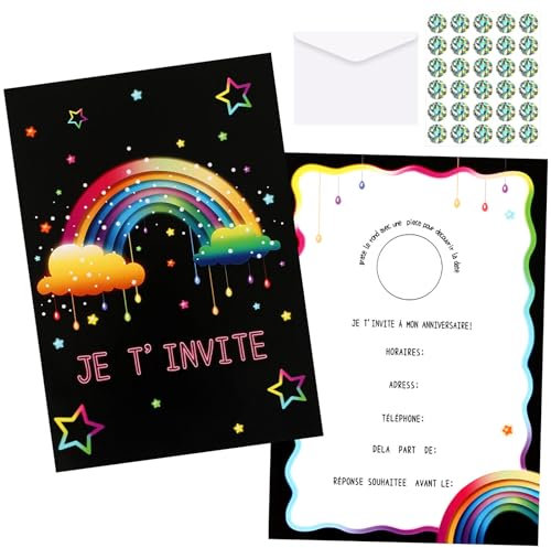 SANNIX 12 Einladungskarten Geburtstag zum Rubbeln Kinder Mädchen und Jungen – 12 Umschläge – 30 Aufkleber – Thema Regenbogen für Jungen Mädchen Kinder Party Geburtstag